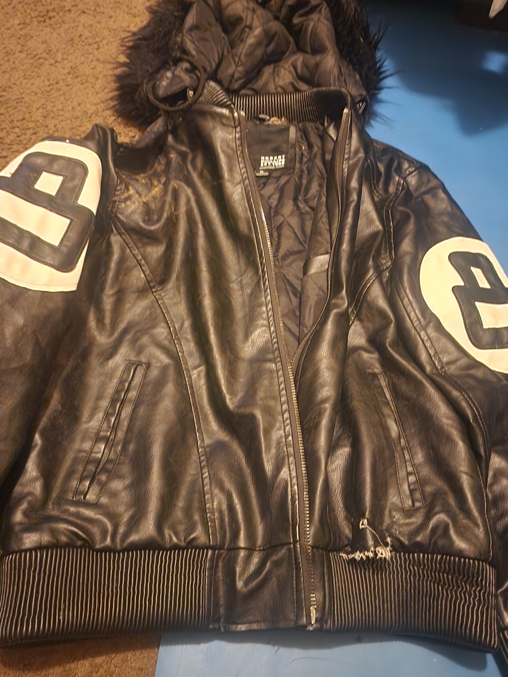 Vintage Mens Black Faux Leather Bomber Jacket with White Sleeve Numbers 8 Siz XL